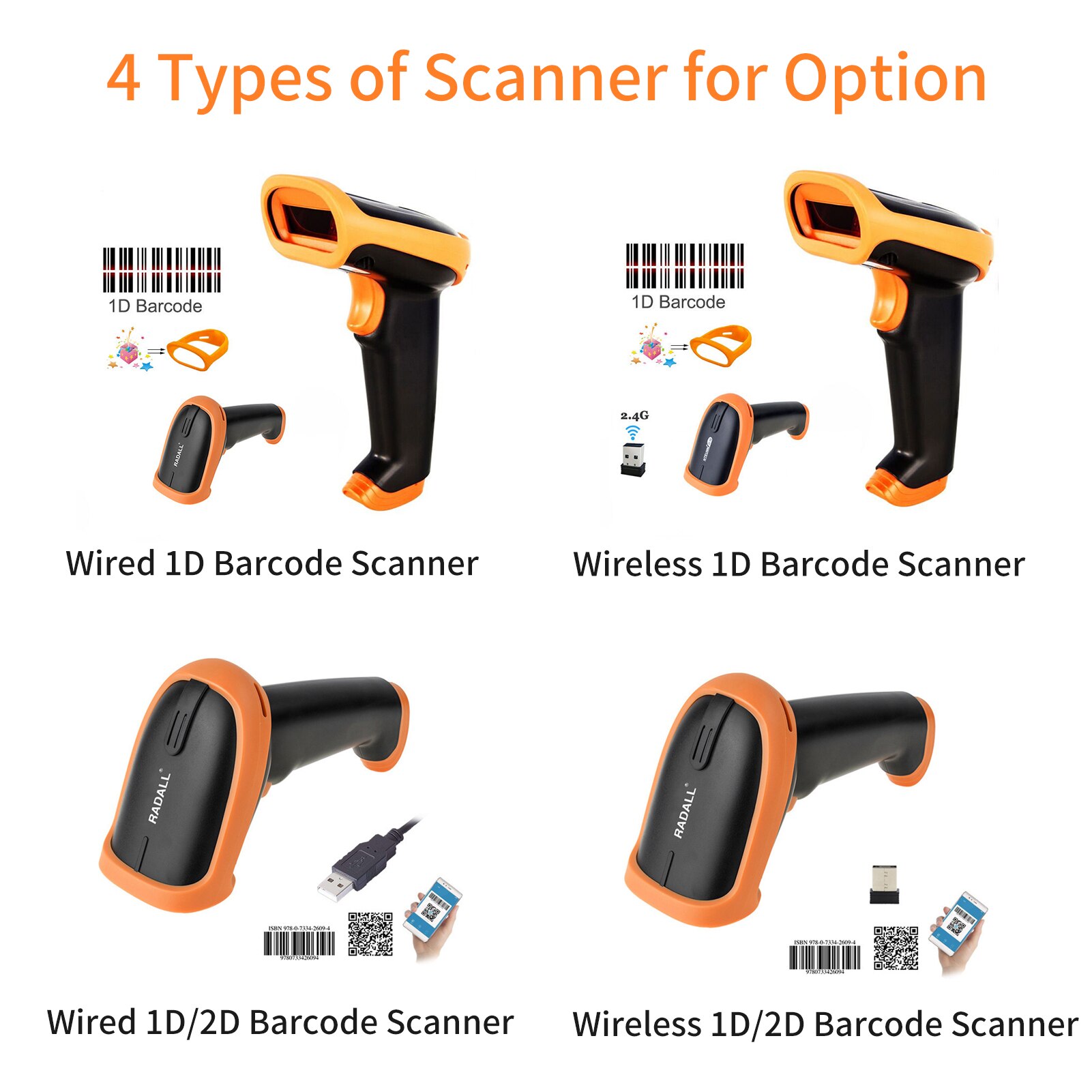 1D 2D Supermarket Handhel Barcode Bar Code Scanner Reader QR 2.4G Wireless &amp; Wired USB Barcode Scanner For Library Warehouse