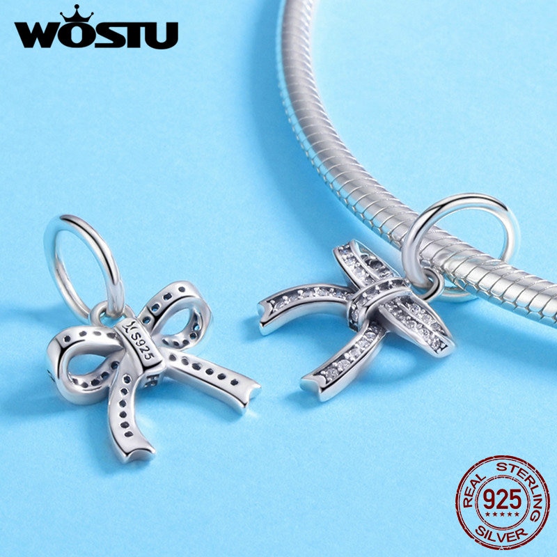 WOSTU Authentic 100% 925 Sterling Silver Bowknot Crystal CZ Pendant fit Original Bracelet Necklace Women Jewelry CQC775