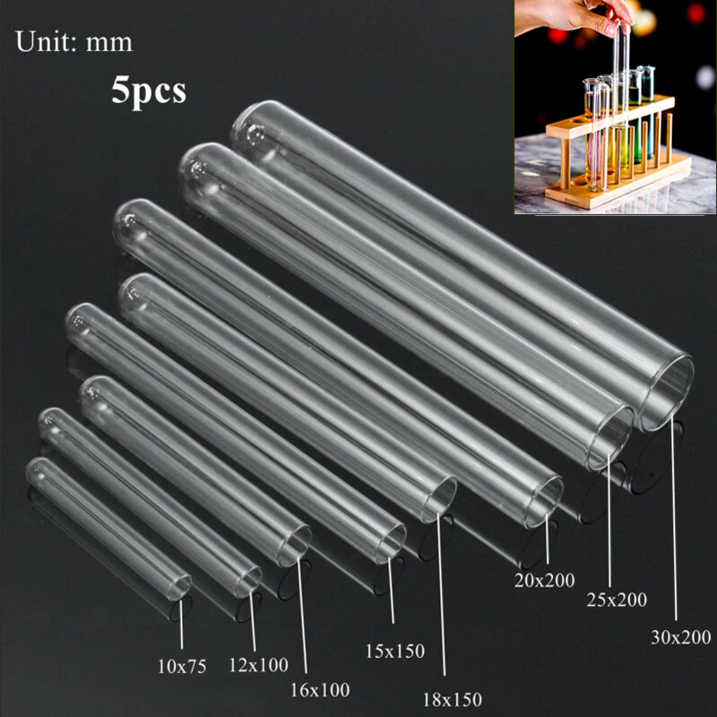 Tube à essai en verre transparent, fond en forme de U en borosilicate, fournitures scolaires de laboratoire, 10mm-30mm, 5 pièces