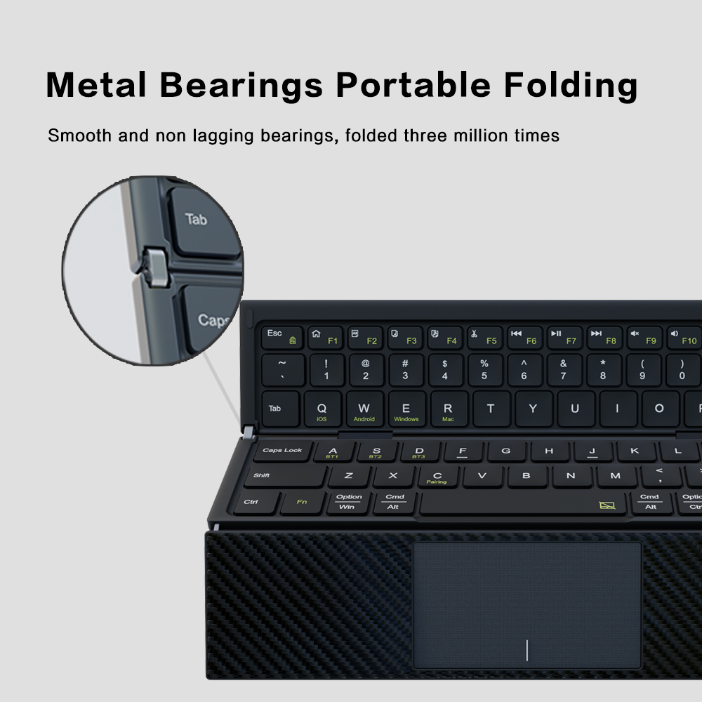Genopladeligt bluetooth 5.0 trådløst foldbart tastatur med touchpad, bærbart tri-foldbart rejsetastatur til pc/bærbar computer/tablet