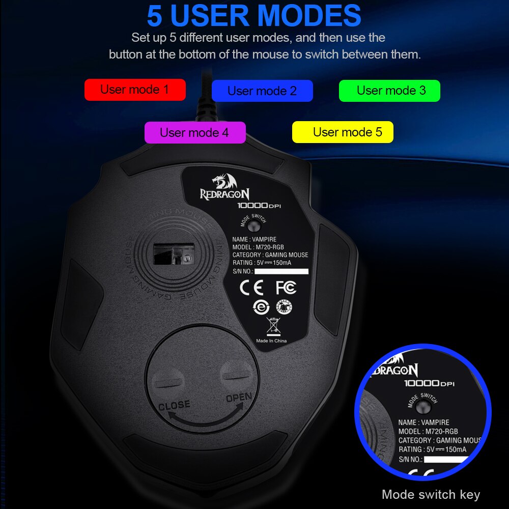 Redragon M720 RGB Vampire USB Wired Gaming Mouse 10000 DPI 8 buttons mice Programmable ergonomic For Computer PC Gamer