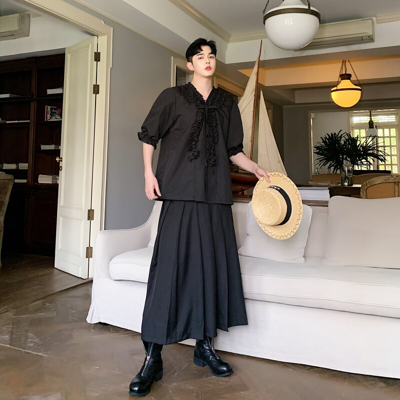 Męska spódnica w stylu japońprzejrzeć luźna spódnica w stylu zwykły, plisowana spódnica spodnie męskie kobiety Streetwear biodro-hopowe gotyckie miłośników kimono spodnie ubrania sceniczne Środek