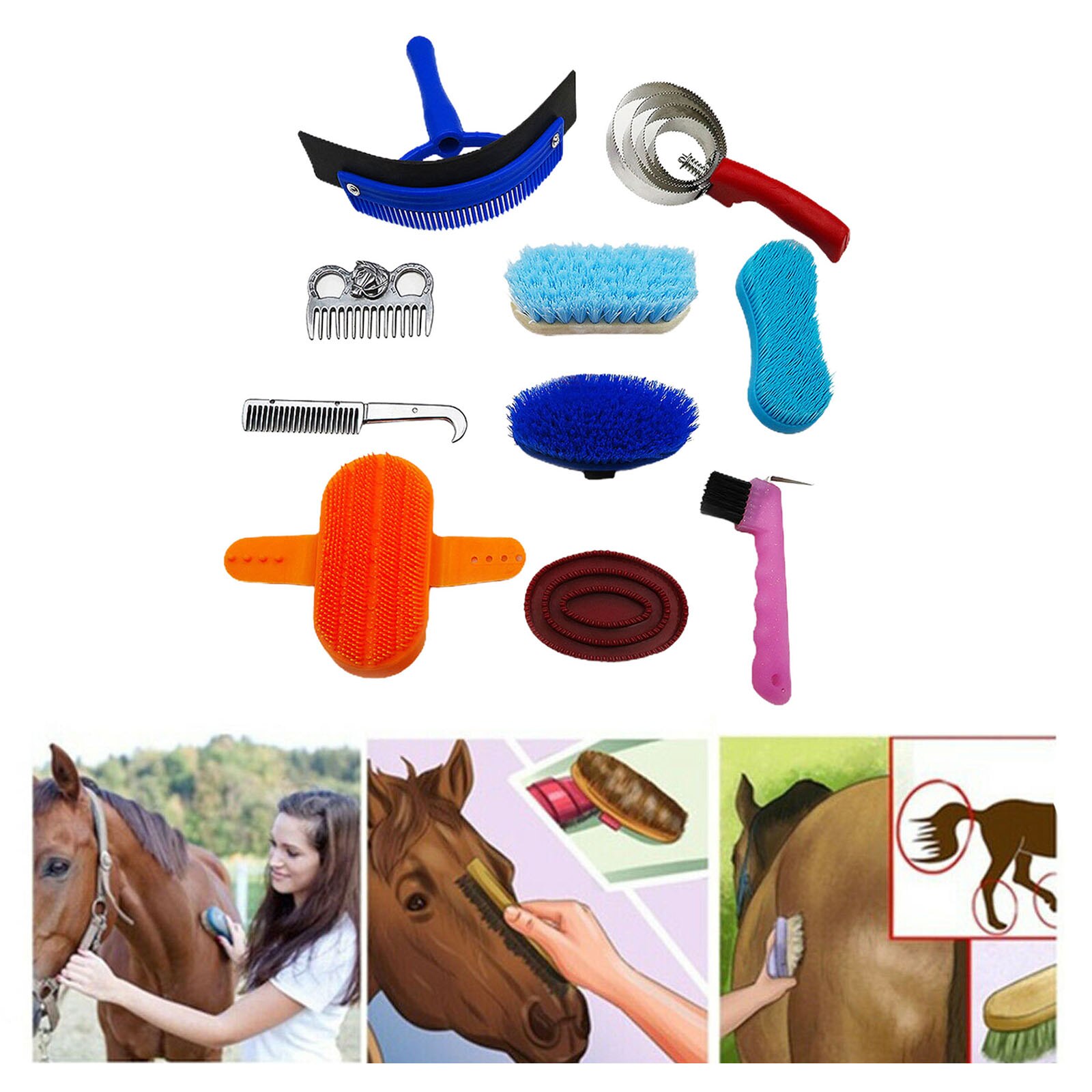 10pcs Horse Grooming Kits, Pony Brushes Set Horse Cleaning Tool Cleaner, Sweat Scraper, Massaging Brushes