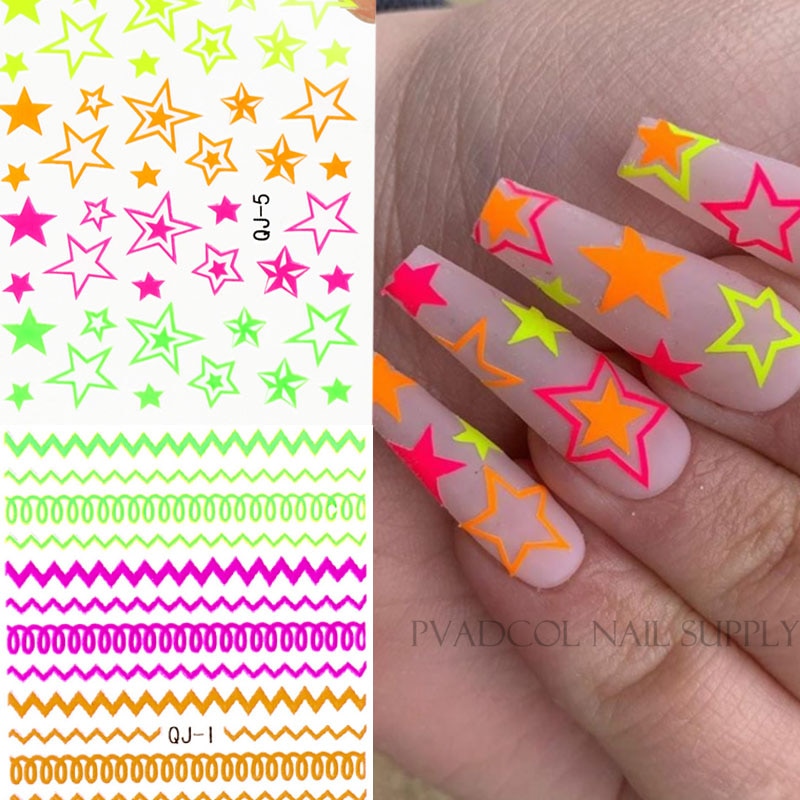 Nail art 3d dekal klistermärken neon linjer stjärnor sommar naglar självhäftande manikyr akryl designs verktyg