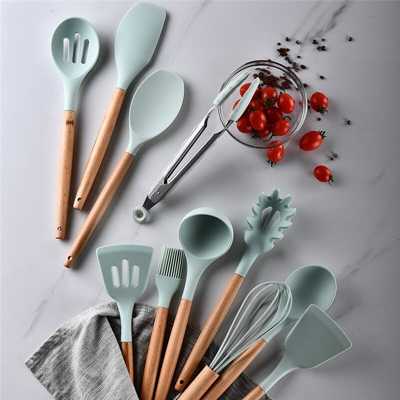 Kitchen Tools Natural Acacia Wood Silicone Cookware Utensil Set Cozinha Spatula Soup Pasta Mestoli Silicone Kitchen Accessories