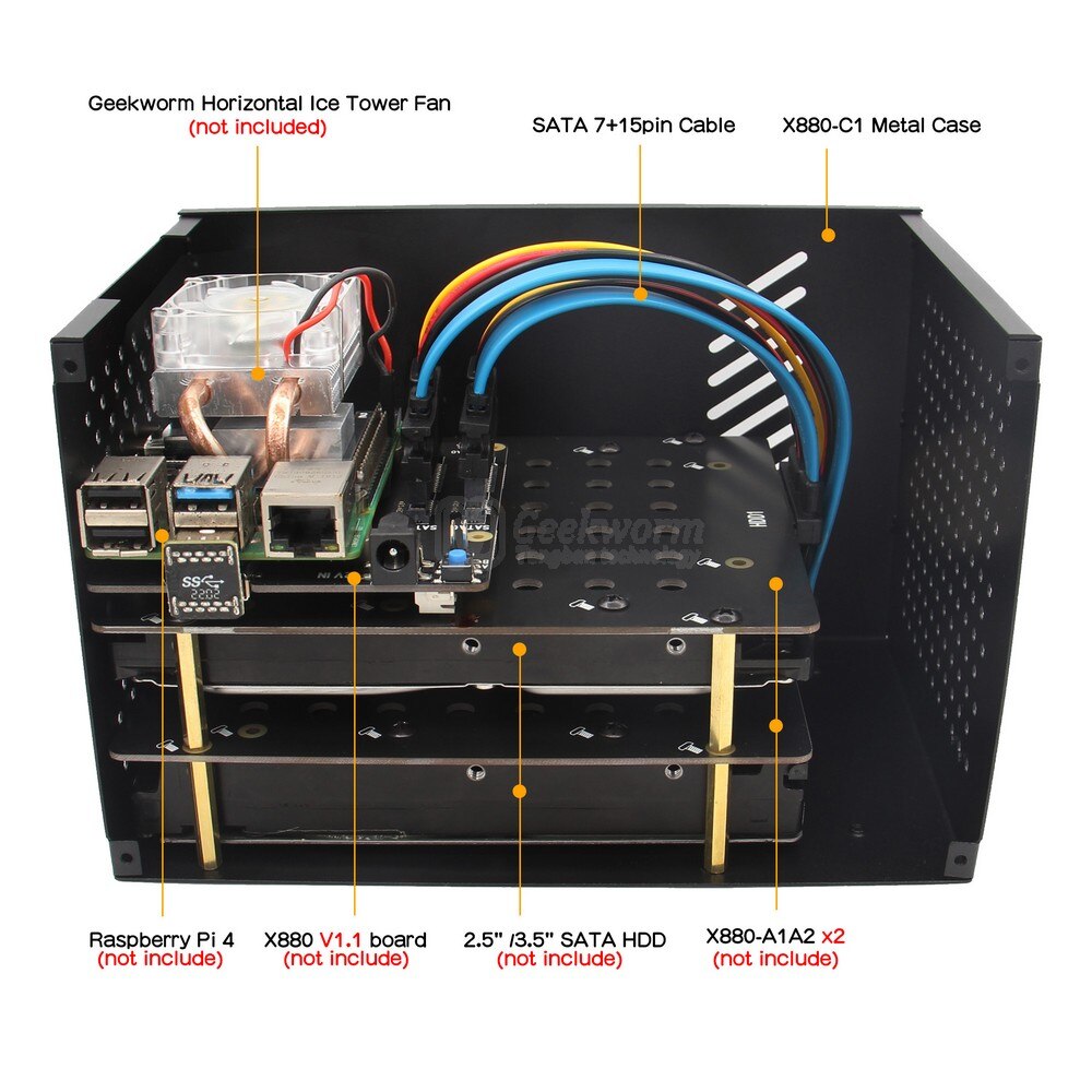 Geekworm – boîtier métallique X880-C1 avec ventilateur de refroidissement pour Raspberry Pi 4 et X880 Dual 2.5 &quot; / 3.5&quot; SATA (RPi &amp; X880 non inclus)