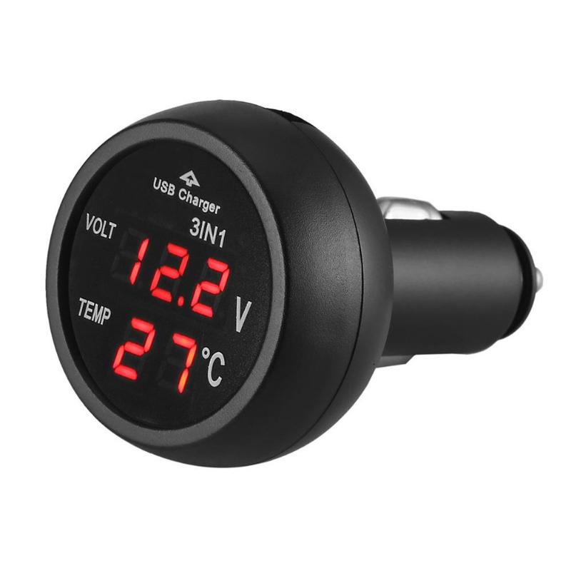 Universal bil volt meter 12v 24v 3 in 1 auto led digital voltmeter gauge termometer usb oplader spændingsmåler: Rød