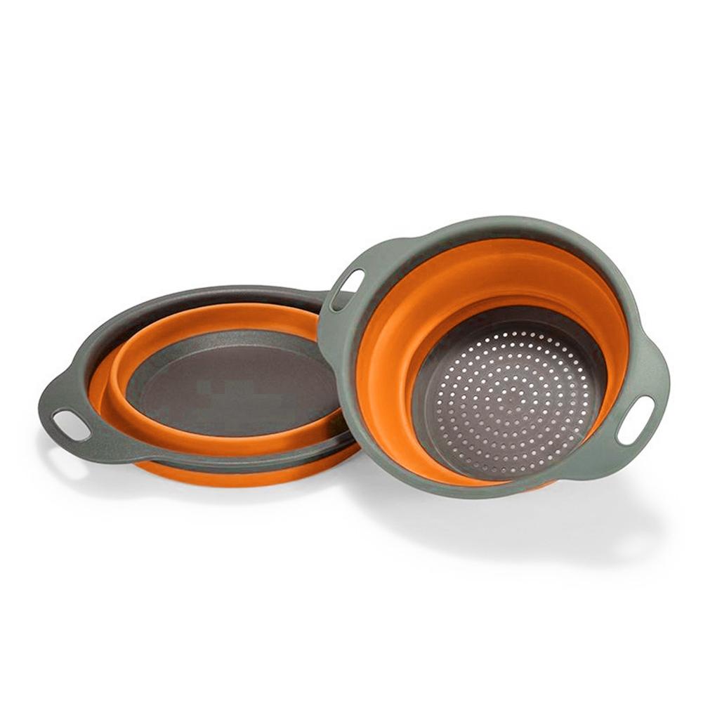 2 stk / sæt camping folde sil silke skål bordservice silikone foldbart filter dræning dørslag bærbar til udendørs picnic køkkengrej: Orange