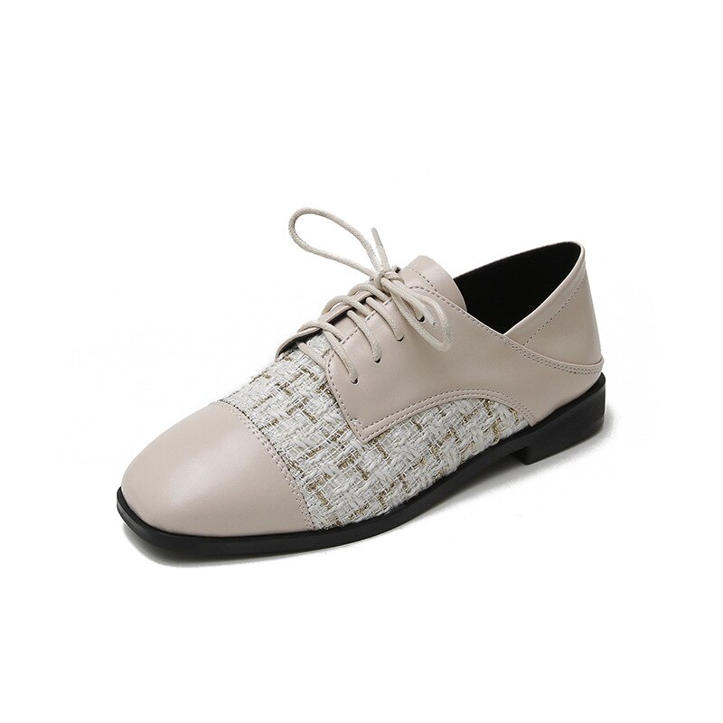 Preppy Girls oxford shoes for women lace up flats square toe loafers derbies plaid patchwork small leather shoes woman34-43