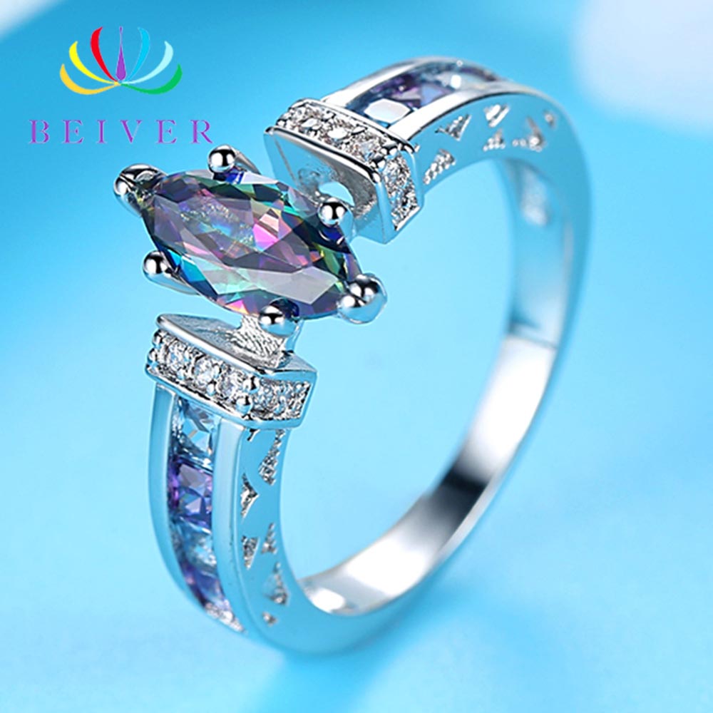 Uzver 2019 anéis de casamento femininos, preto branco cor dourada arco-íris zircônia oval promessa casamento joias para mulheres presentes