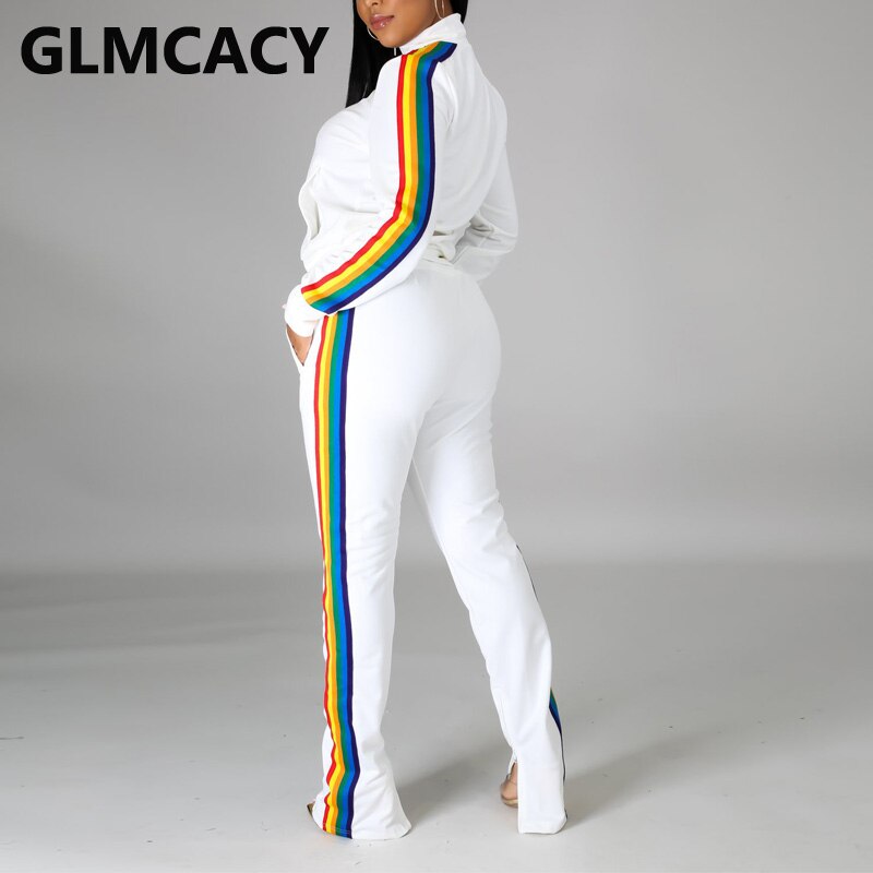 Vrouwen Side Regenboog Gestreepte Twee Stuk Past Regualr Rits Jas & Slit Broek Set