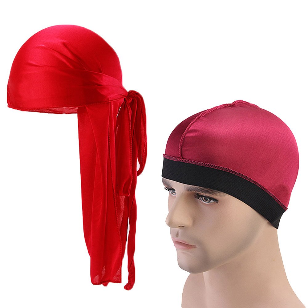 Unisex Durag Long Satin Breathable Turban Du rag Pirate Hat Men Hip Hop Durags 2pcs/lot: Red