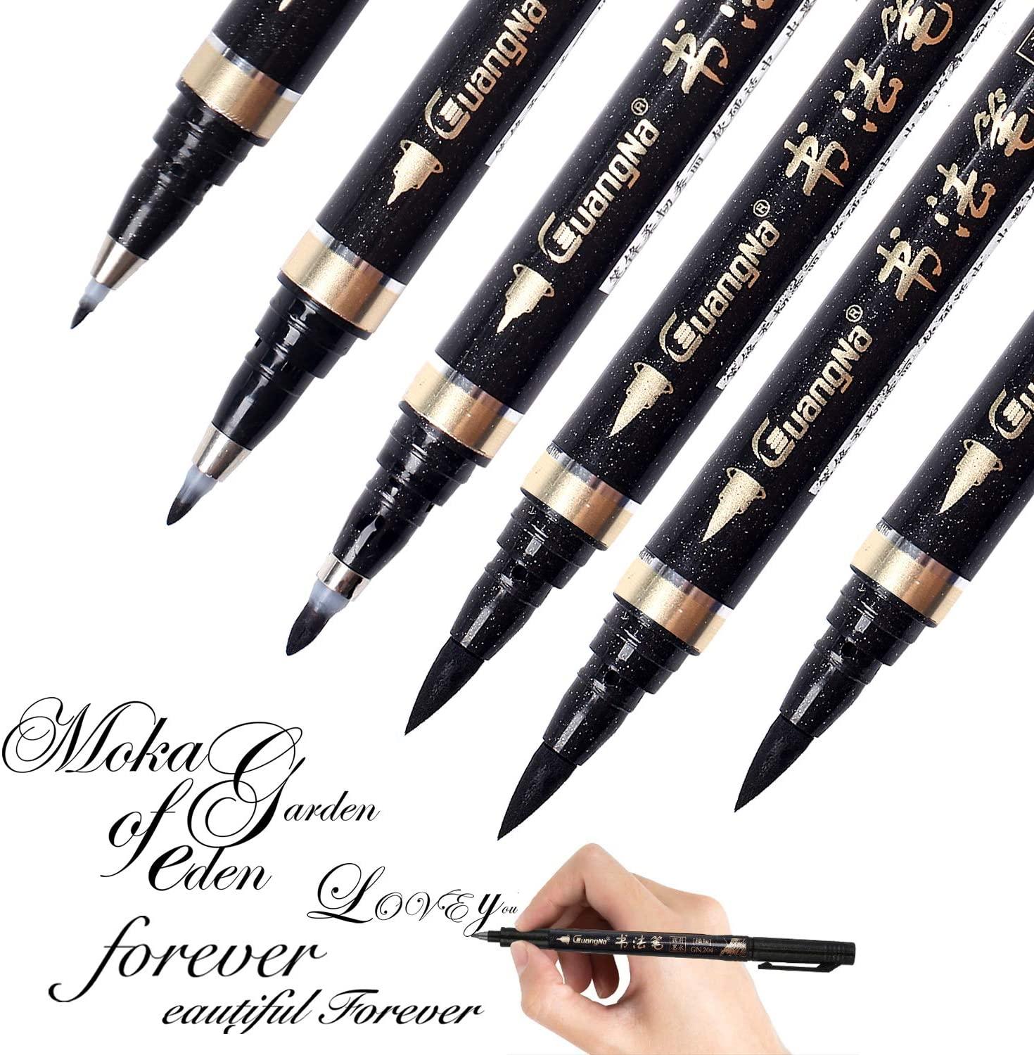 Kalligrafipenn - reastar 6 stk sort børste markørpen håndbogstaver - til bogstaver, begyndere at skrive, underskrift