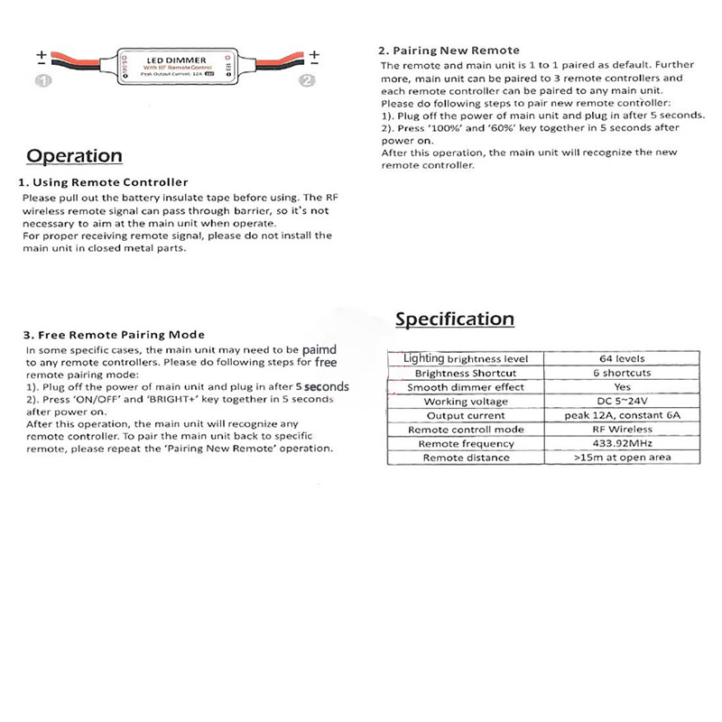 Mini led fjernbetjening  dc5-24v rf trådløs fjernbetjening 2 pin til 6a enkelt farve led strip belysning tape lys 9 nøgler