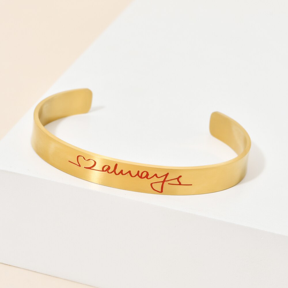 ZMZY Neue Boho Gold Armbinde Handschrift Edelstahl Armbänder Armreif Eingravierten Buchstaben Worte Armreifen Manschette Schmuck