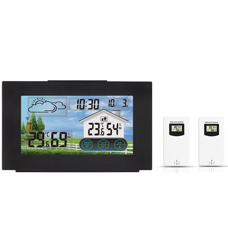 Weather Station Wireless Indoor Outdoor Sensor Touch Screen Digital Thermometer Hygrometer Weather Forecast Snooze Alarm Clock: 2 Sensor