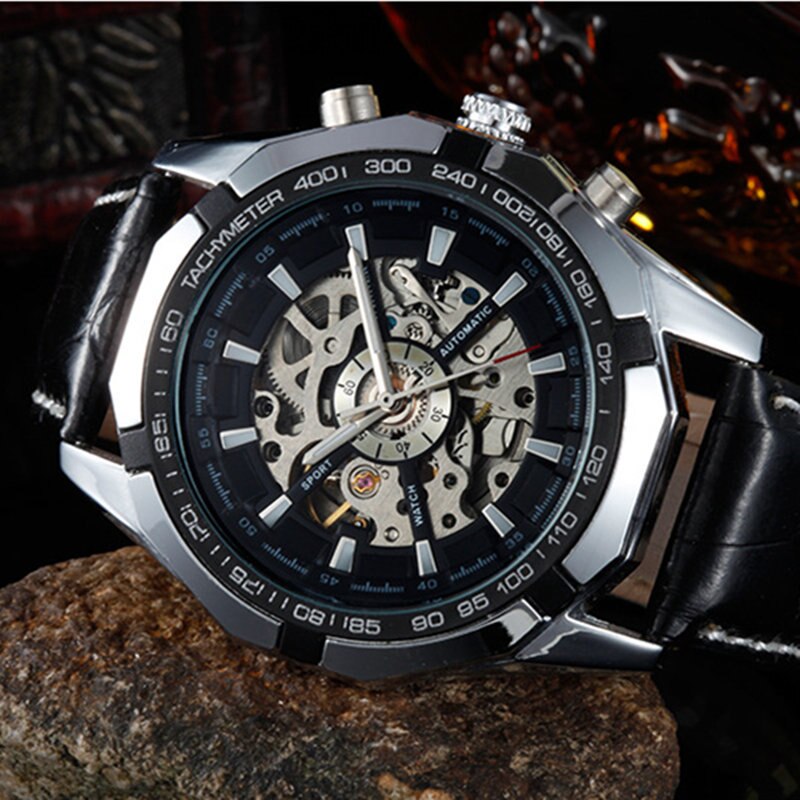 Winnaar klassieke stijl heren casual hol uit volautomatisch analoog horloge: Zwart