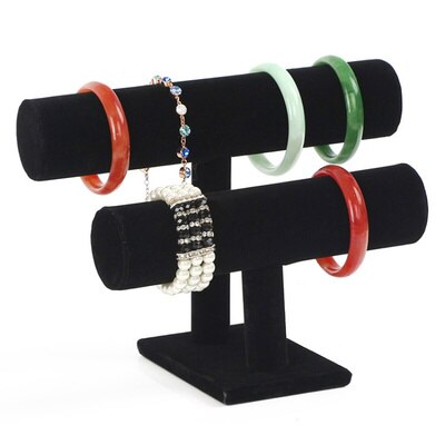 BUENOS Vintage PU Leather / Velvet T-Bar Rack Bracelet Chain Watch Jewelry Organizer Holder Jewelry Display Stand: black2