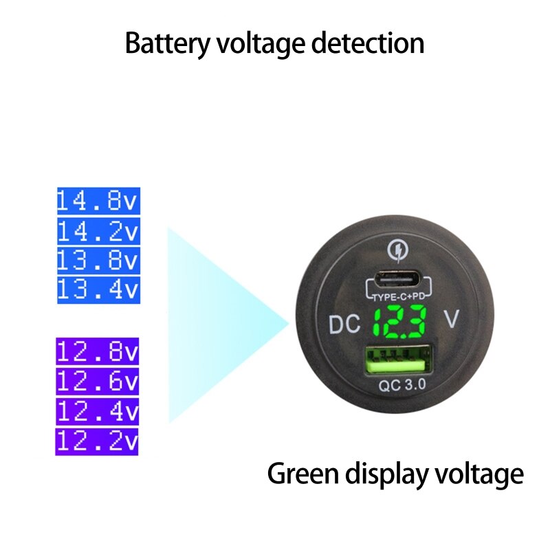 Car phone charger usb-c type-c + pd qc 3,0 socket for motorcycle, boat, mobile phone charger with led voltmeter