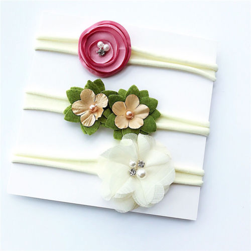 Newborn Infant Girls Kids Baby Headband 3Pcs Hair Bows Flower Toddler Girl Nylon Stretch Hairband Flower Princess Cute