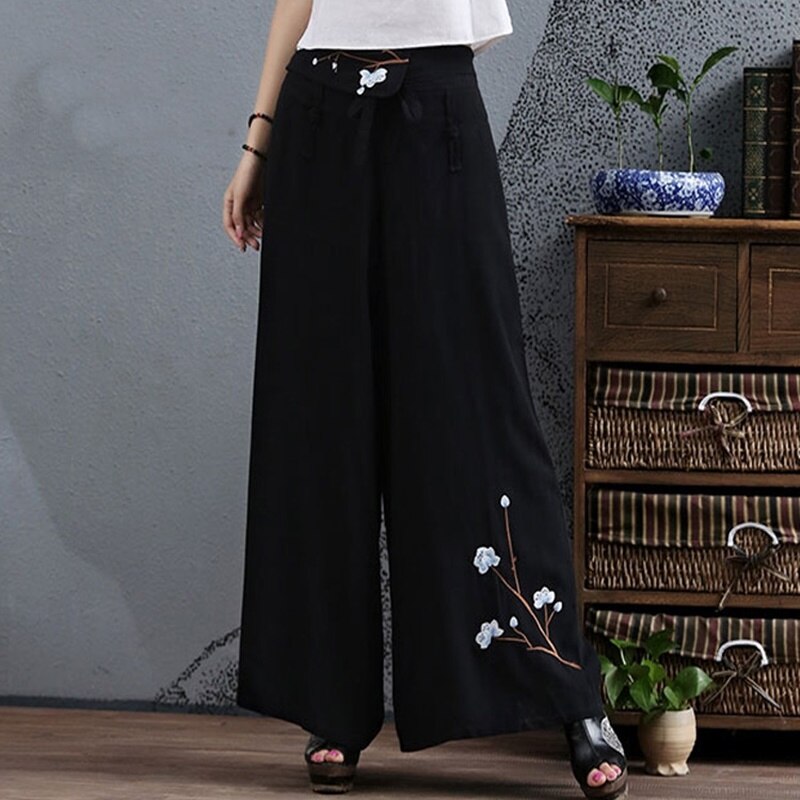 Pantalones étnicos para mujer, pantalón chino tradicional, Falda bordada, Vintage, holgado, informal, de pierna ancha, TA1415,: L