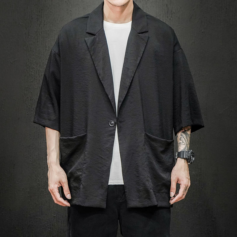 Lente en zomer jeugd populaire heren losse effen kleur zeven punt mouw pak casual dunne jas jas