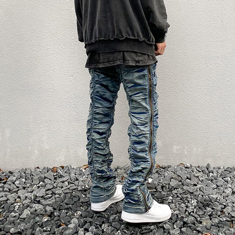 Harajuku Retro Ruched Side Zipper Jeans Men Straight Washed Streetwear Denim Trousers Elastic Wasit Hip Hop Mens Jeans Pants