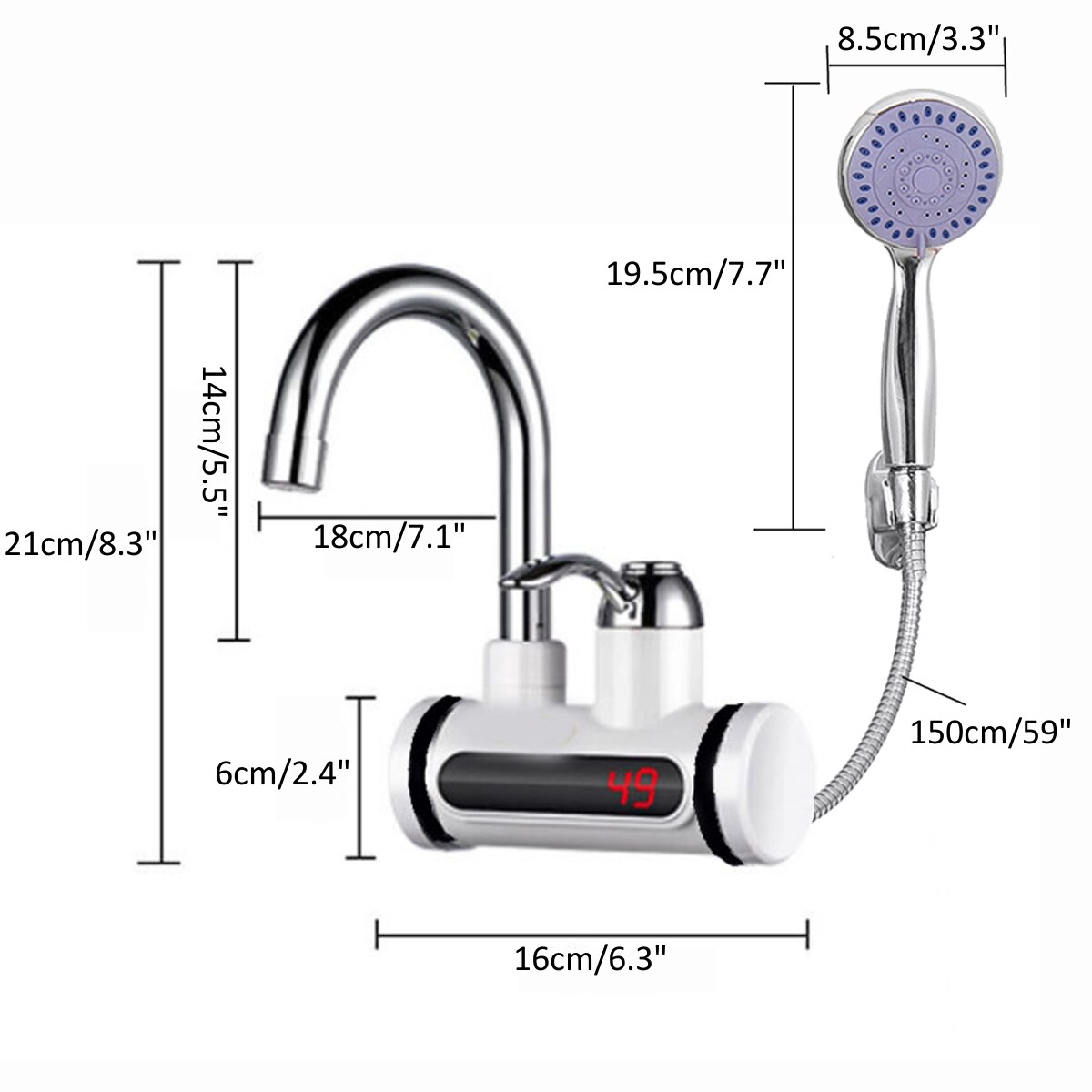3000W 220V Instant Electric Faucet Tap Water Heater Stainless Steel Under Inflow LED Display Water Heater+Shower