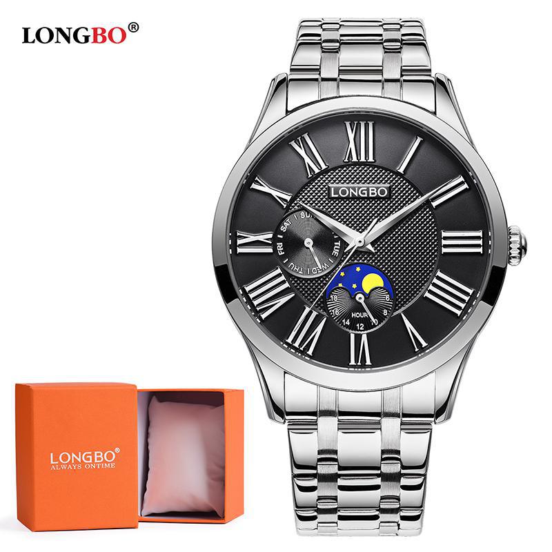 Longbo Quarzuhr Liebhaber Uhren Frauen Männer Paar Analog Voller Edelstahl Geschäft Armbanduhren lässig Gold 1/stücke: Schwarz Mann Geschenk Kasten
