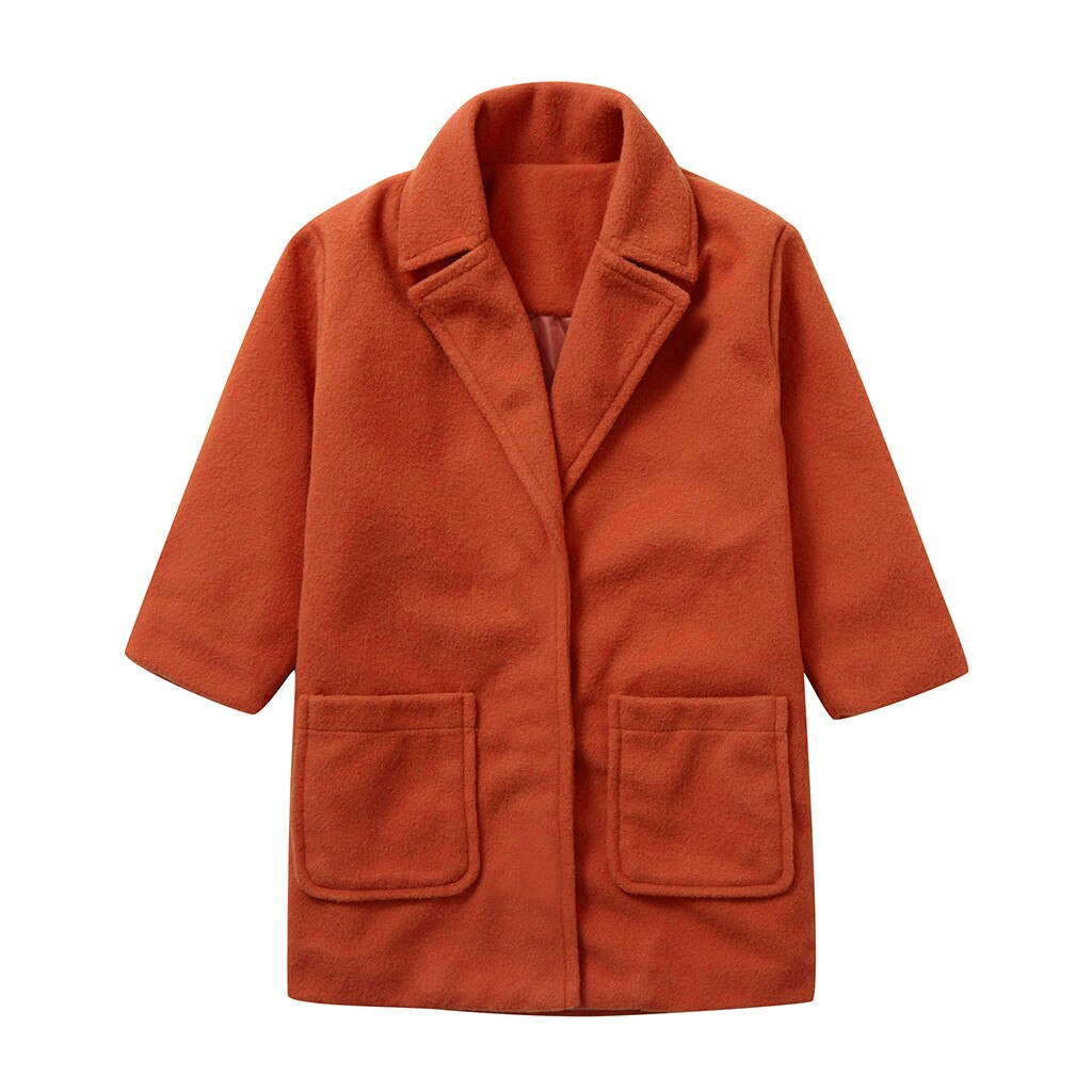 Novas meninas jaqueta longa manga longa casaco de lã inverno cores sólidas bolso casaco à prova de vento quente outwear jaqueta crianças meninas roupas: Orange  / 100