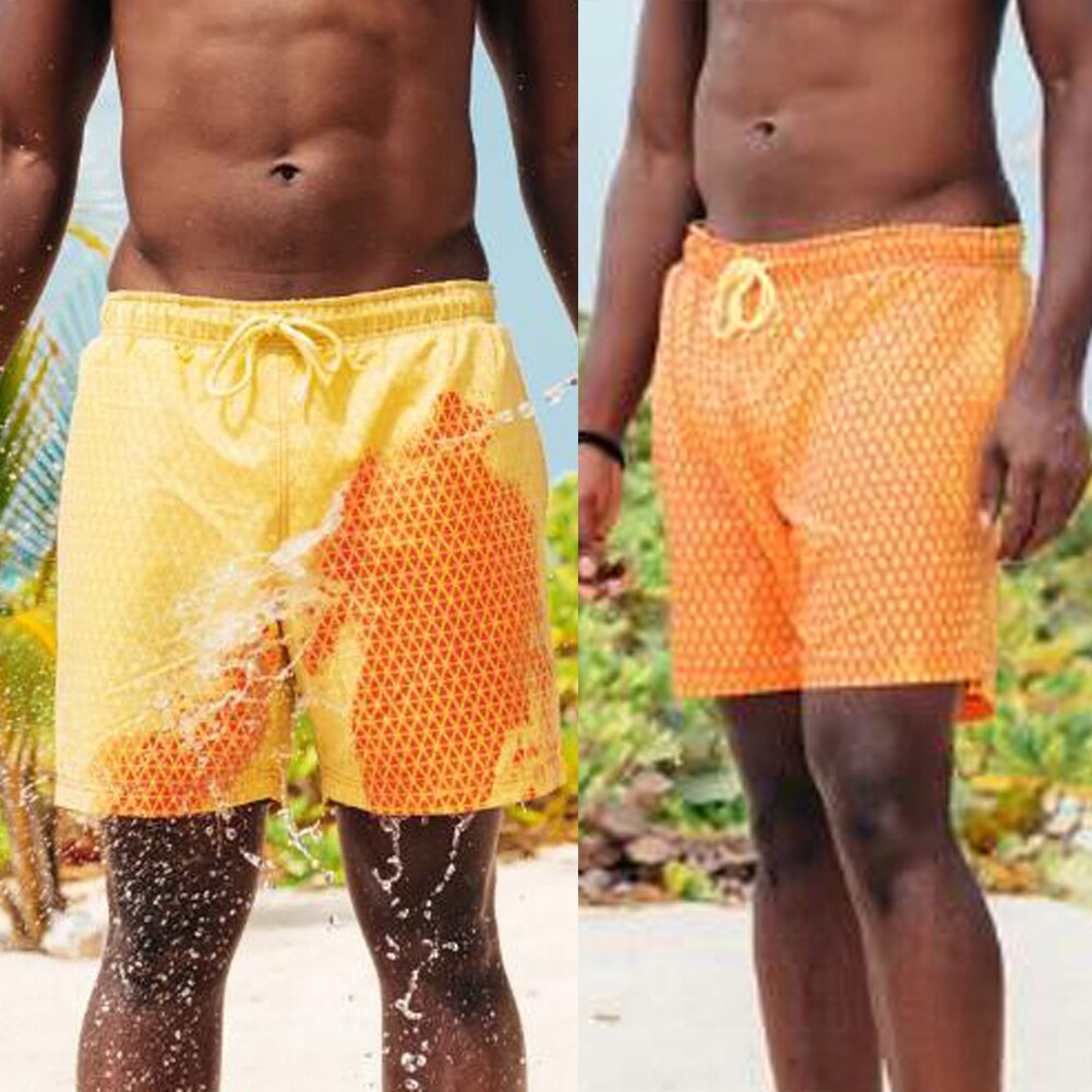 Men Quick Dry Lattices Drawstring Color Changing Beach Shorts Swimming Trunks changes with the change of temperature For Men