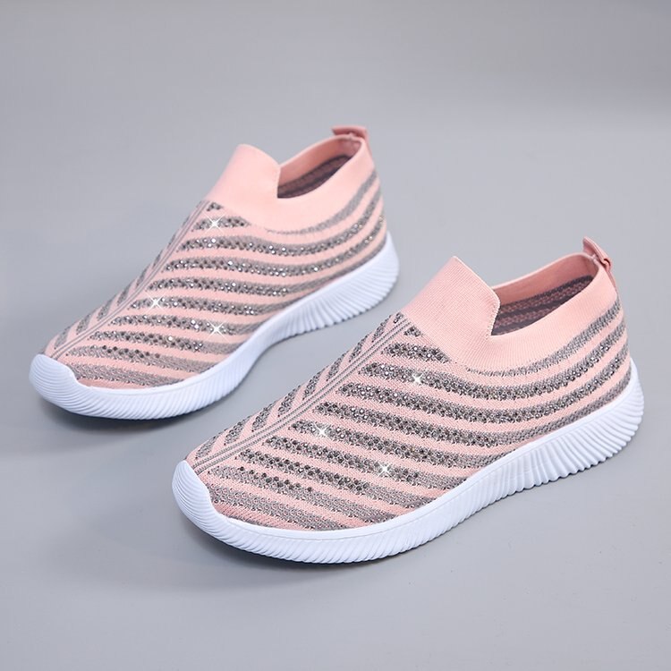 AGUTZM Women's Ladies Ankle Shoes Flat Loafers Crystal Bling Sneakers Casual Ladies Slip On Breathable Casual Shoes h41: Pink / 5