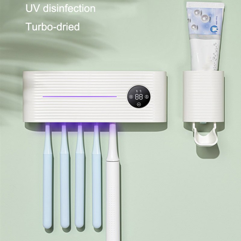 UV Light Toothbrush Sterilizer Holder Inhibit Bacterial Toothbrush Antibacterial Box Wall Mount Toothbrush Holder: White