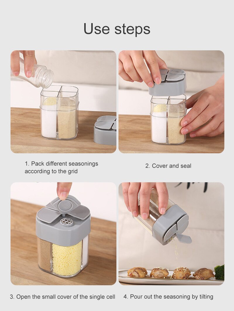Seasoning Box Kitchen Supplies Sugar Salt Pepper Bottle Cumin Powder Container Multi Compartments Spice Storage Jars Tools 4in1