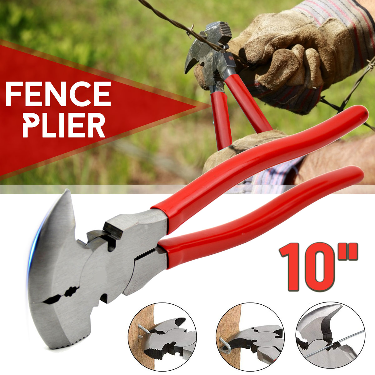 10'' Fence Pliers Parallel Jaws Soft Grip For Wire Cutters Fencing Hammer Tool CR-V' Steel Multi Purpose Tools