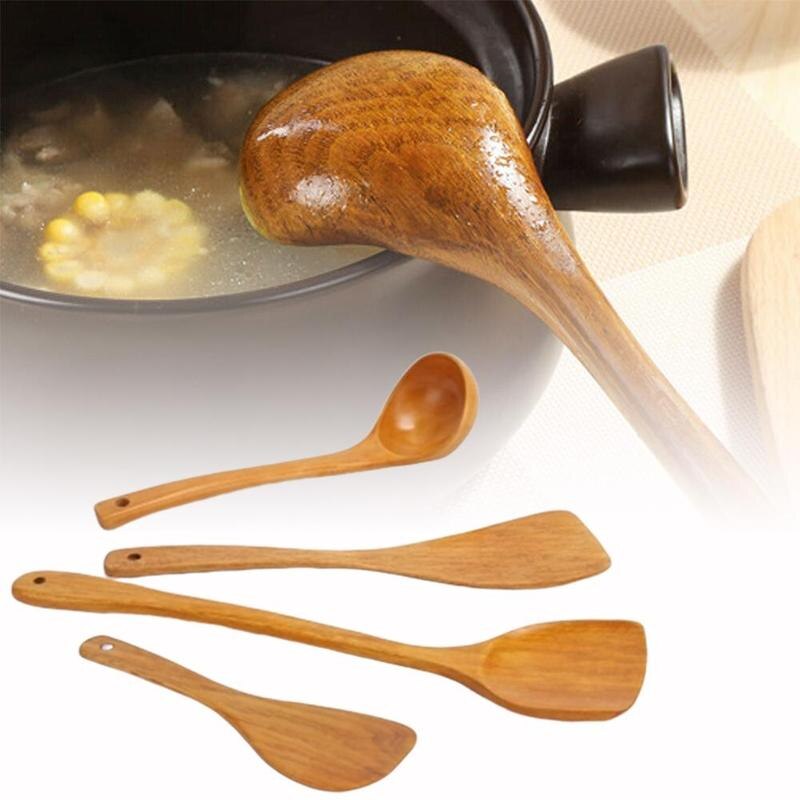 Juego de espátulas para cocina, pala, comedor, 4 Uds., utensilios de cocina, palillo para colgar, mango de madera, sin sopa suave N6Q2