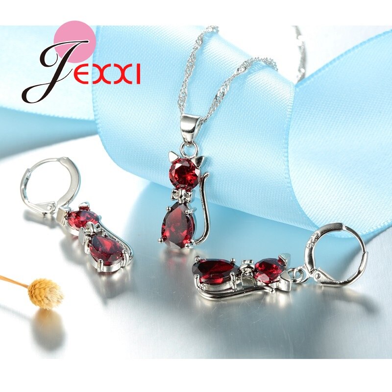 Juego de juegos de joyas para mujer, cristal austriaco de Plata de Ley 925, de gato lindo, colgante de cristal de gota de agua, collar