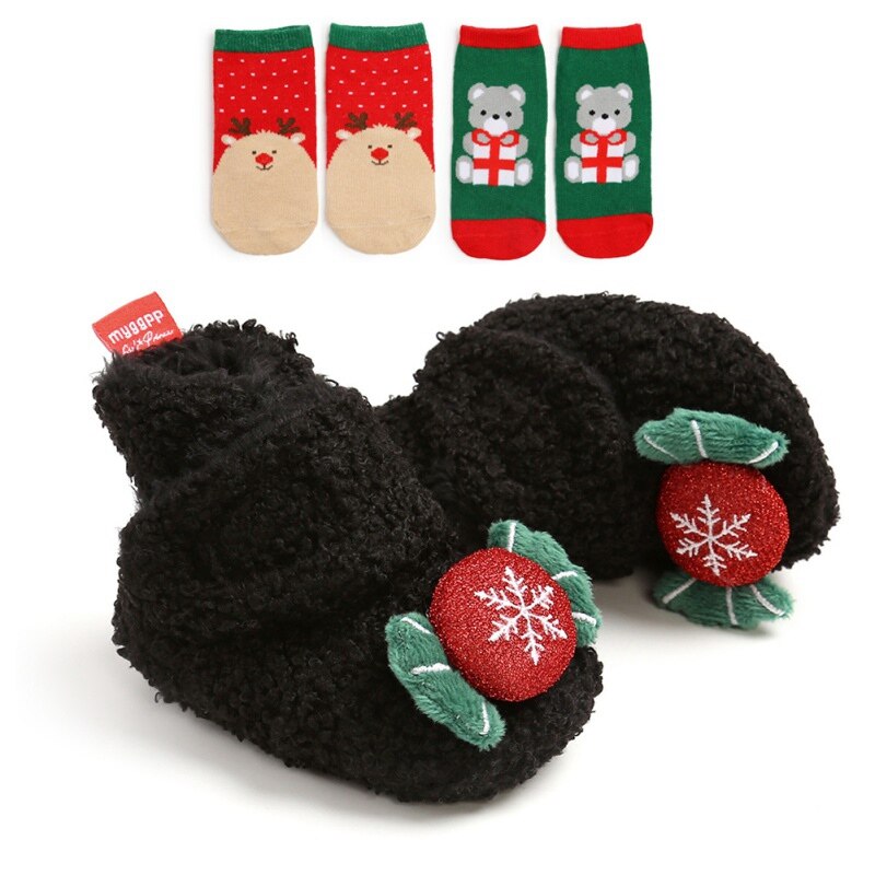 Bebê primeiro andar sapatos menina menino macio anti-deslizamento sapatos natal cervos papai noel bonito sapatos de bebê + 2 headbands/2 meias terno