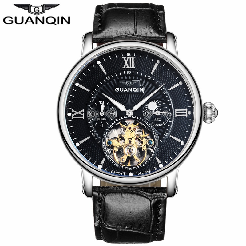 GUANQIN Luxe Top Tourbillon Skeleton Horloge Mannen Mode Casual Lederen Automatische Mechanische Horloge Relogio Masculino: Black Silver Black