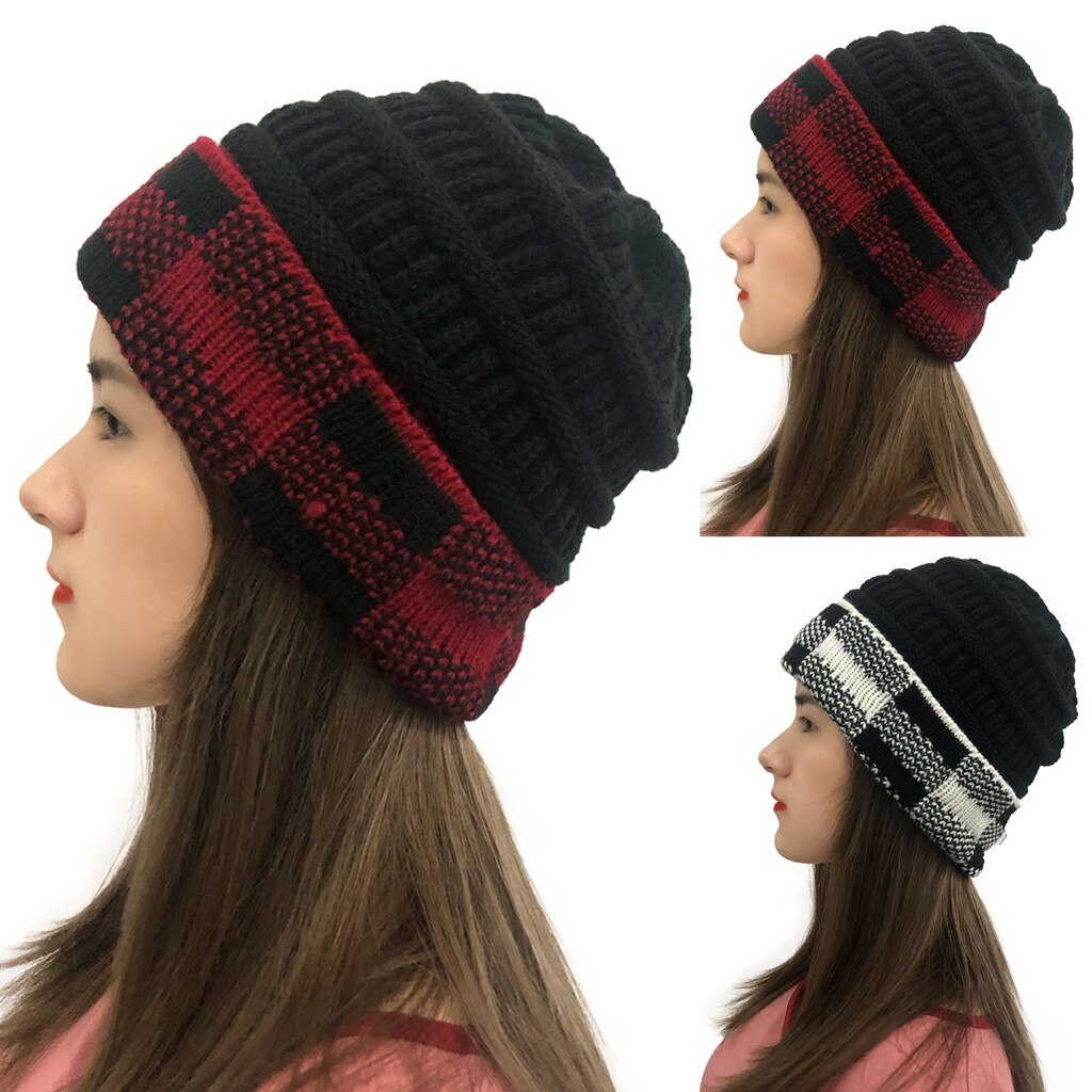 Kvinder vinter hat afslappet plaid hatte syning udendørs plys hatte hæklet strik beanie hat vinter hatte til mænd bjergbestigning hat