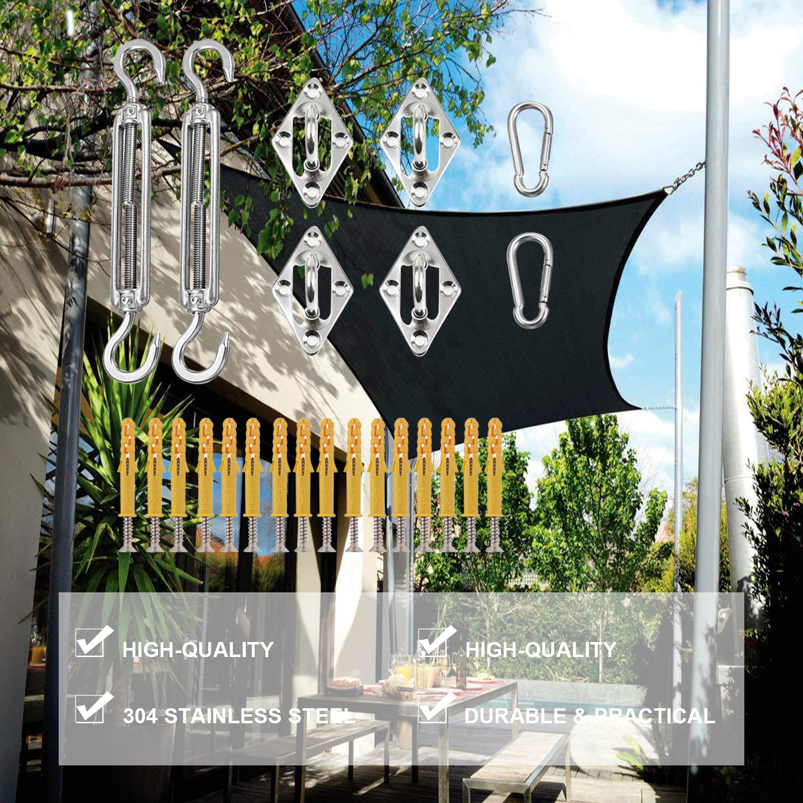 Sun Shade Sail Canopy Accessory 24pcs/set 304 Stainless Steel Hardware Kit Turnbuckle Pad Eye Carabiner Clip Hook Screws Silver