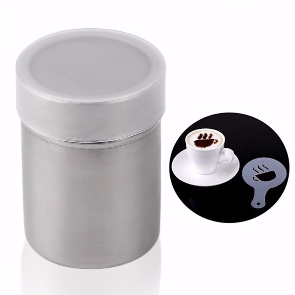Rvs Chocolade Shaker Cacao Meel Koffie Zifter + 12 Stuks Koffie Stencils Template Strooit Pad Duster Spray