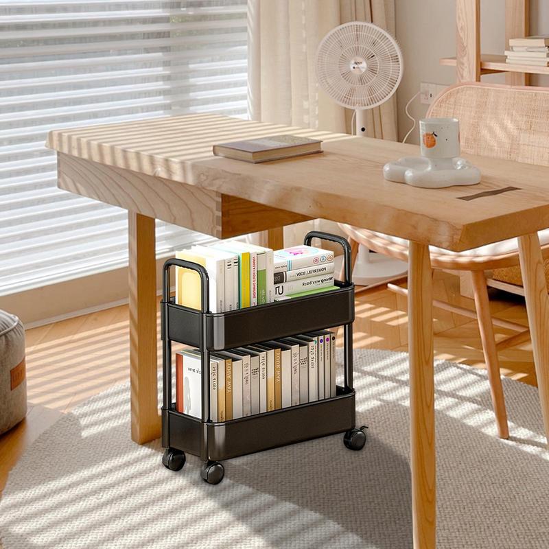 Estante de pie, organizador de libros de 2 niveles, estantería móvil multifuncional, carrito, estante de almacenamiento de aperitivos, carrito de estantería portátil
