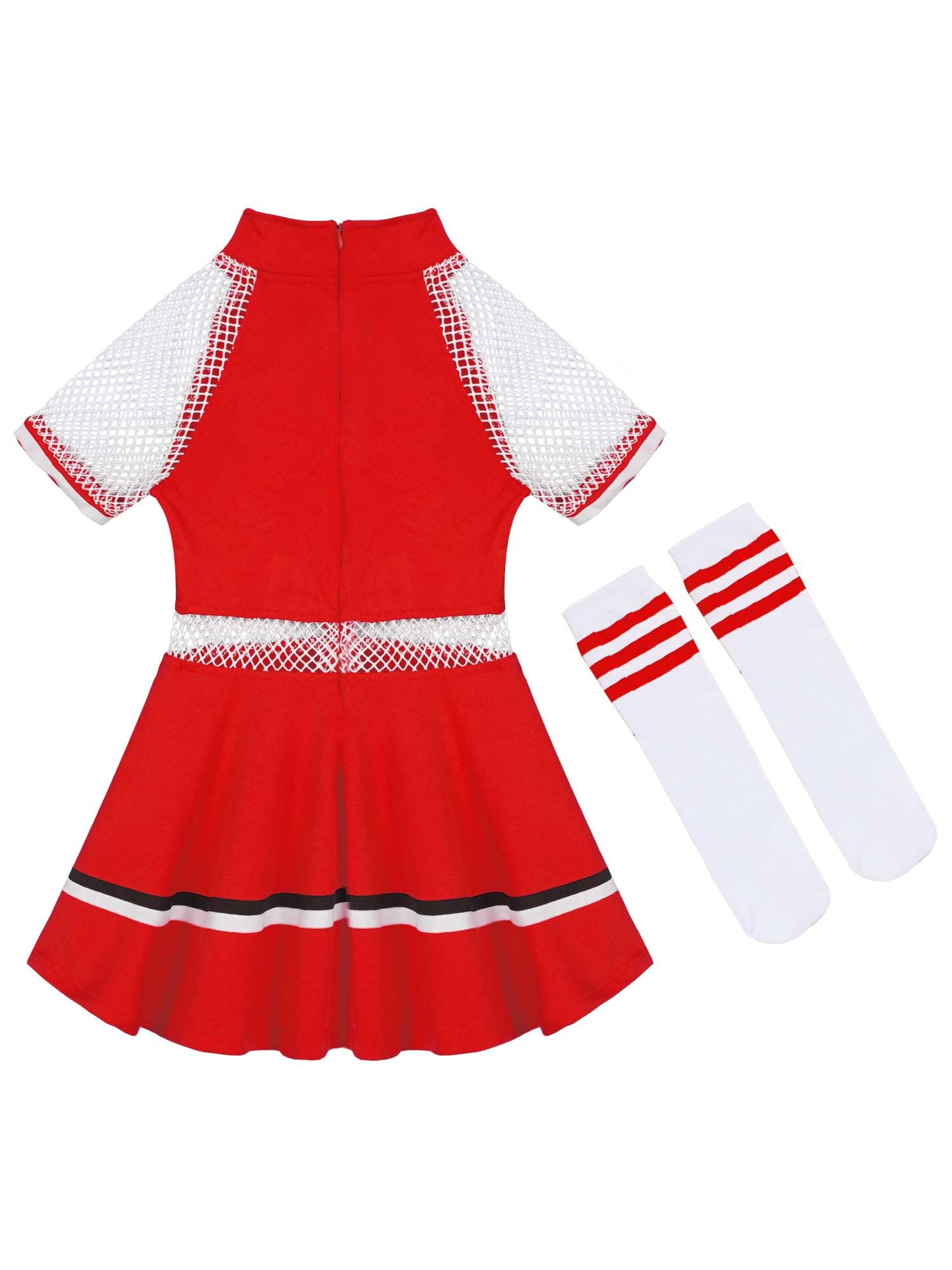 Ropa de animadora para niños y niñas, ropa de rejilla de manga corta, escote redondo, letras, números, estampado, vestido de baile con calcetines