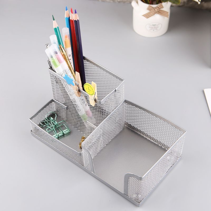 Metal Mesh Desk Organizer Pen Pencil Storage Holder with 3 Compartments for Home Office Students Supplies Accessories L29K