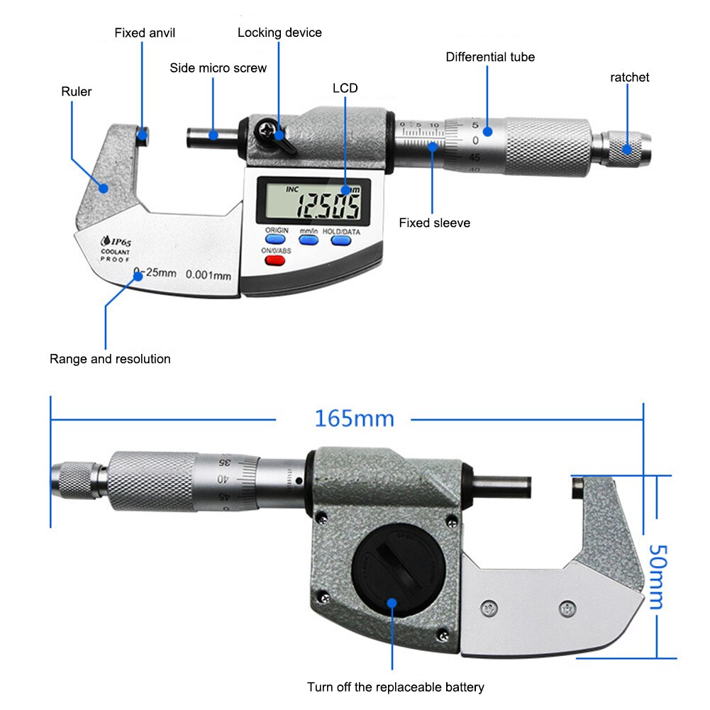 Large Screen External Diameter Micrometer 0-25mm Spiral Micrometer Measurement Tool Digital readout LCD Display for Measuring