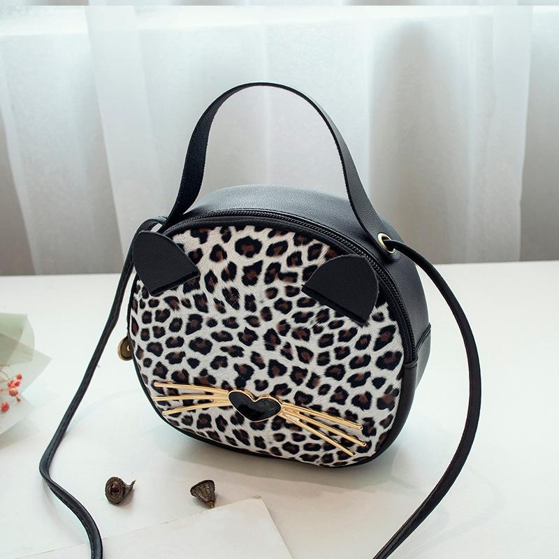 Mini rund crossbody taske sød kat leopard med pu læder piges messanger pung bosla kvinder runde skuldertasker: Hvid leopard