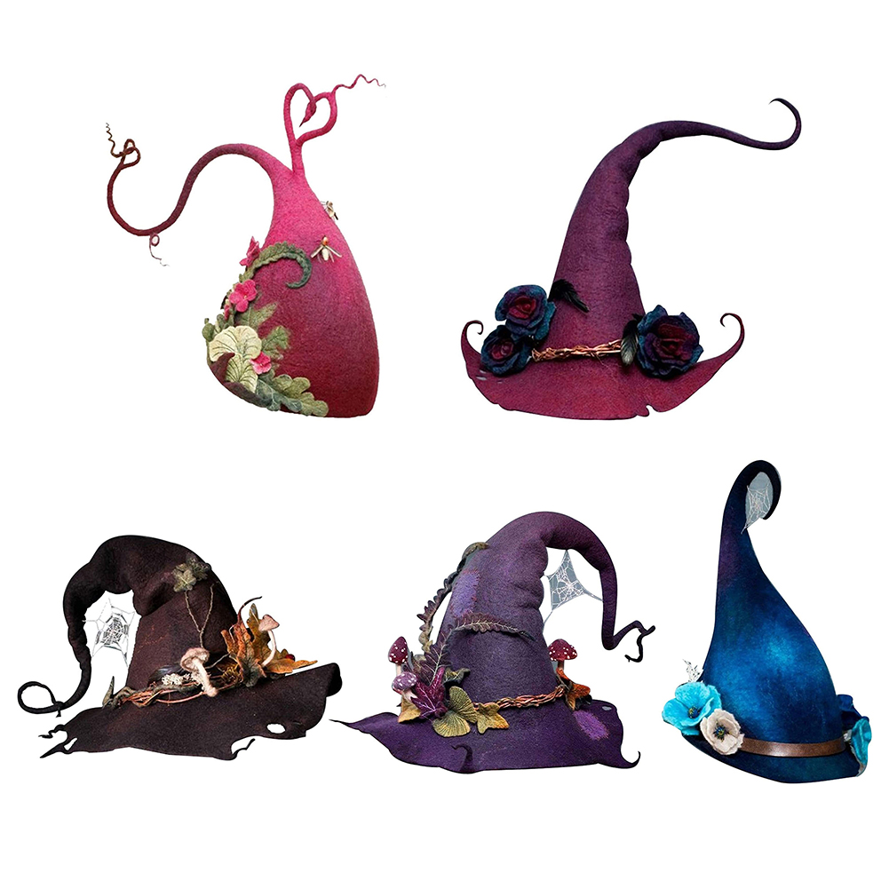 Sombrero de bruja de fieltro con flores hecho a mano, accesorios de cosplay para de Halloween, decoración exquisita