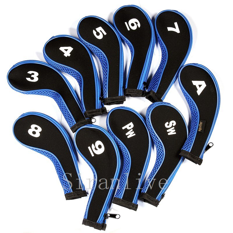 10Pcs Rubber Neoprene Golf Head Cover Golf Club Iron Putter Protect Set Number Printed with Zipper Long Neck