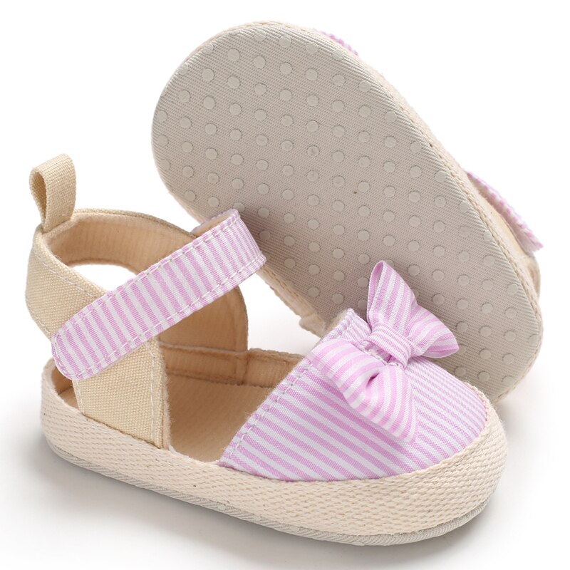 Toddler Girl Crib Shoes Sandals Newborn Baby Bowknot Striped Shoes Soft Sole cloth Prewalker Sneakers Summer Sandals: Pink / 11